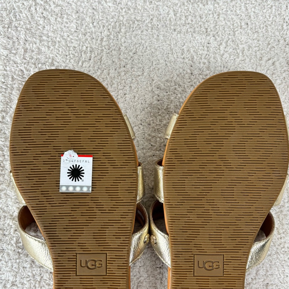 Ugg Sandals Womens 11 Gold Metallic Teague Slip On Slides Slippers Flats - Picture 11 of 15